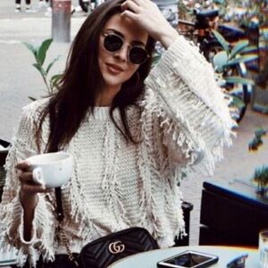 Majorelle Cream Fringe Knit Sweater Boho Textured Pullover